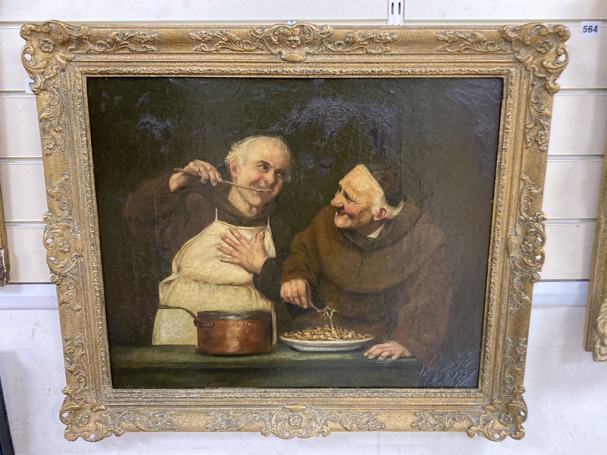 Morson Wood, oil on canvas, Monks in a scullery, after Sadler, 50 x 60cm